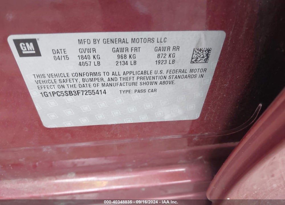 2015 CHEVROLET CRUZE 1LT AUTO VIN: 1G1PC5SB3F7255414