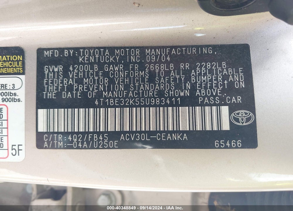 2005 TOYOTA CAMRY LE VIN: 4T1BE32K55U983411