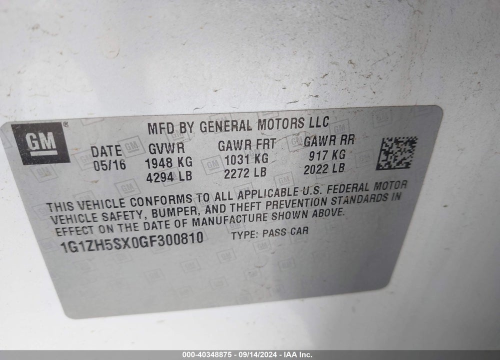 2016 CHEVROLET MALIBU PREMIER VIN: 1G1ZH5SX0GF300810
