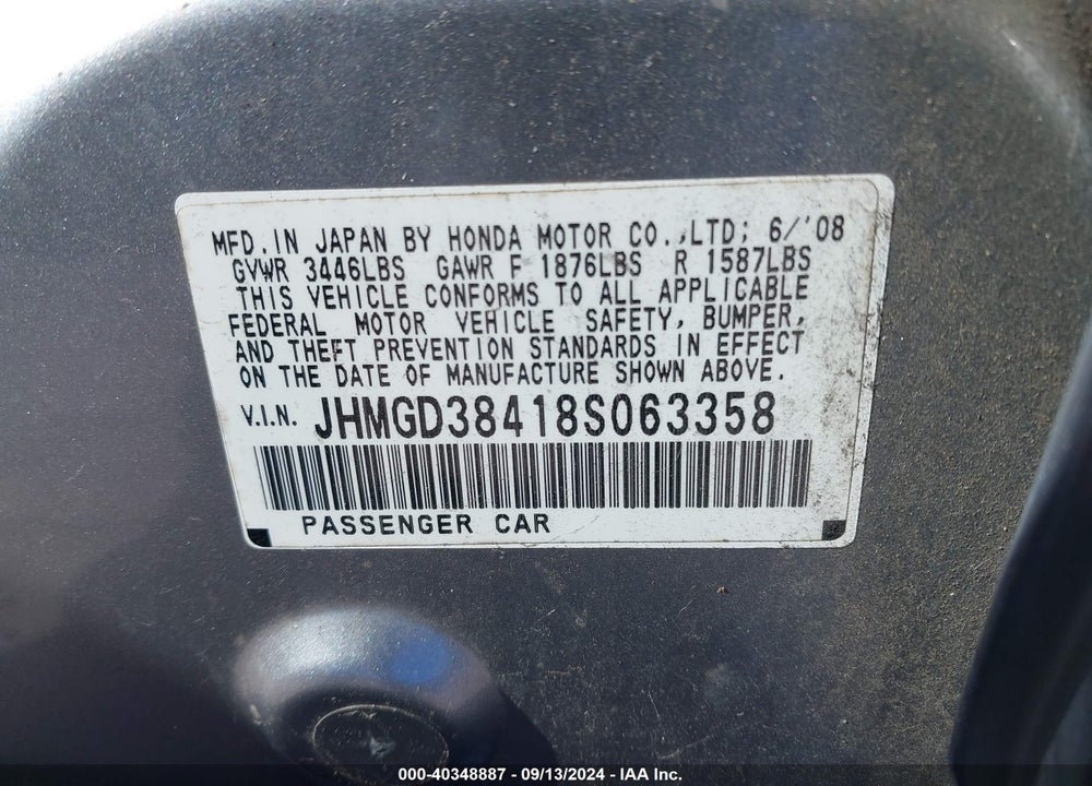 2008 HONDA FIT VIN: JHMGD38418S063358