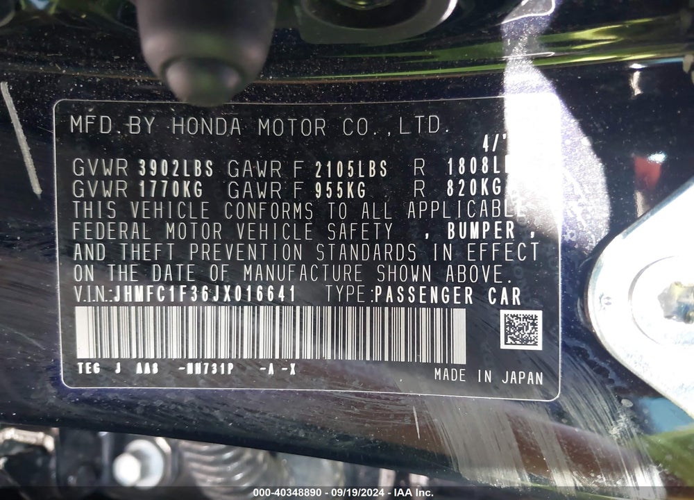 2018 HONDA CIVIC EX-T VIN: JHMFC1F36JX016641