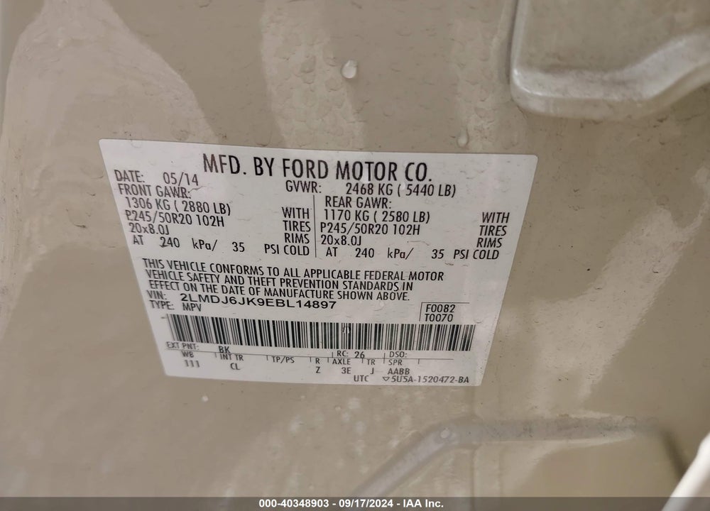 2014 LINCOLN MKX VIN: 2LMDJ6JK9EBL14897