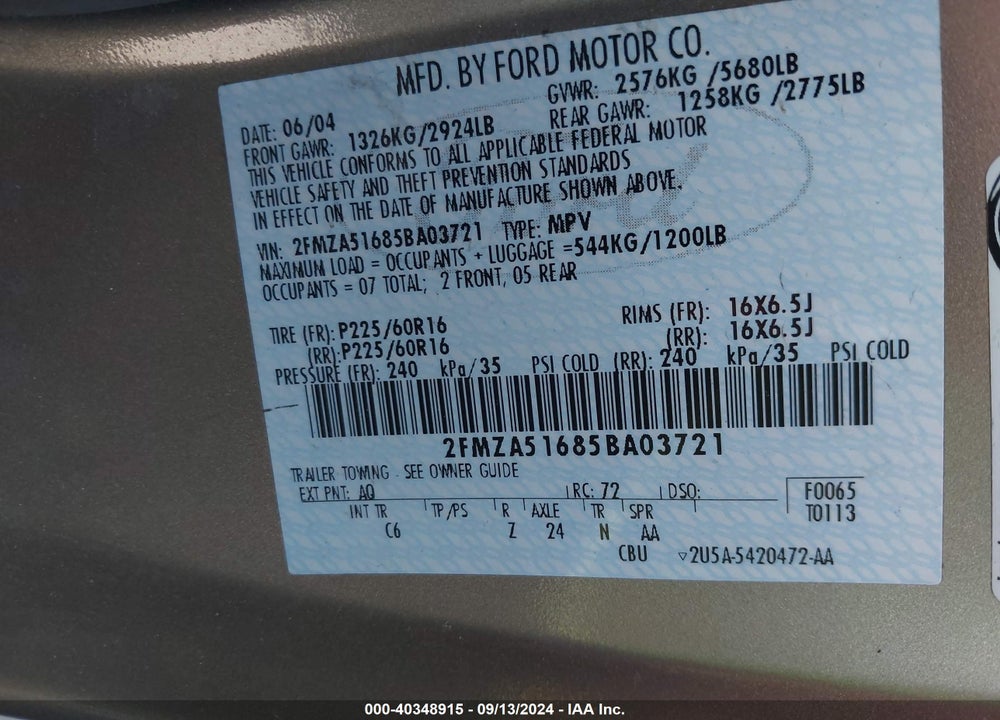 2005 FORD FREESTAR SE VIN: 2FMZA51685BA03721