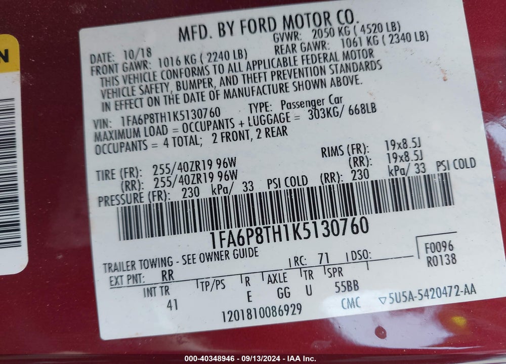 2019 FORD MUSTANG ECOBOOST PREMIUM VIN: 1FA6P8TH1K5130760