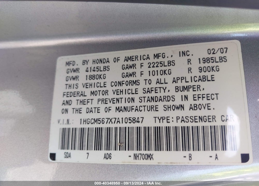 2007 HONDA ACCORD 2.4 EX VIN: 1HGCM567X7A105847