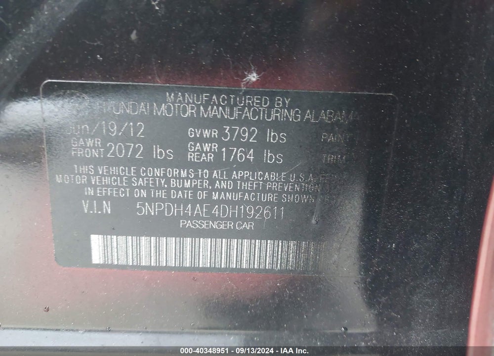 2013 HYUNDAI ELANTRA GLS VIN: 5NPDH4AE4DH192611