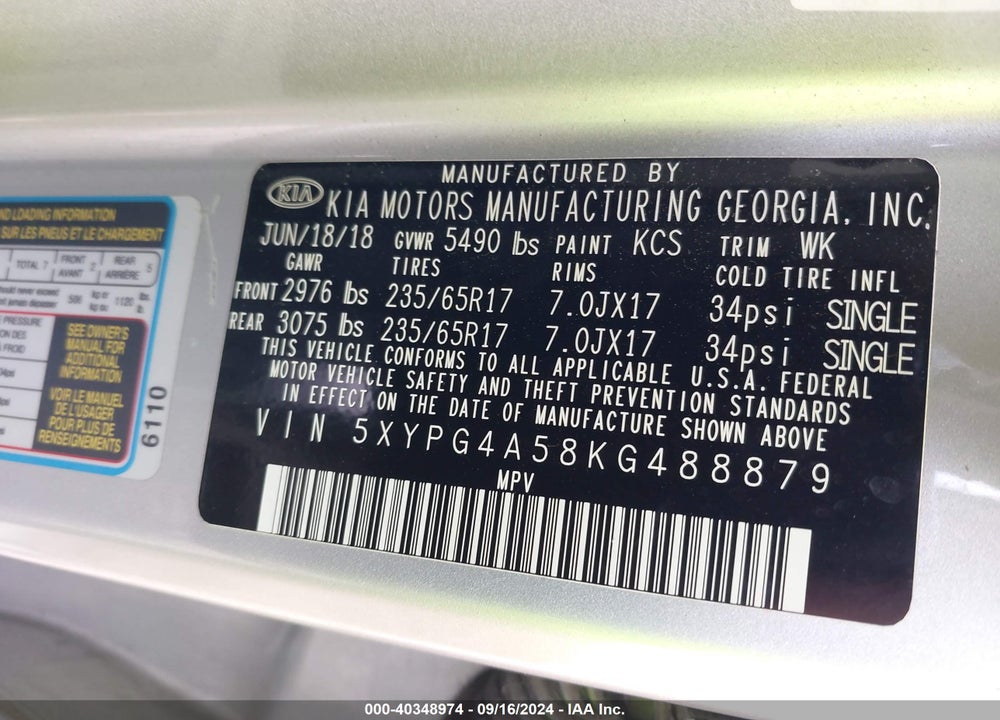 2019 KIA SORENTO 3.3L LX VIN: 5XYPG4A58KG488879