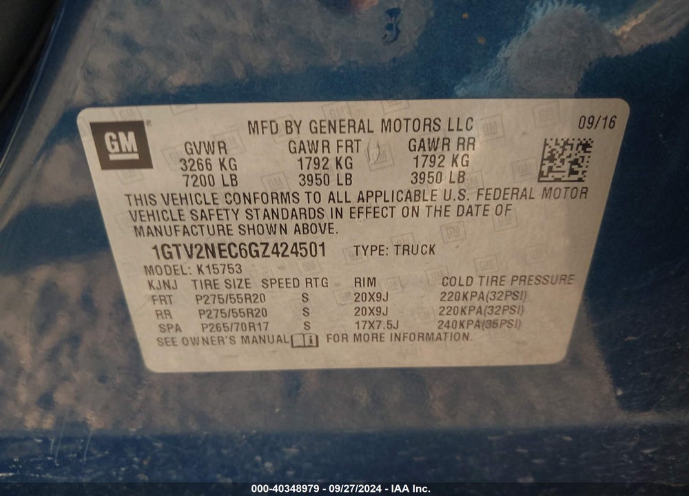 2016 GMC SIERRA 1500 SLT VIN: 1GTV2NEC6GZ424501