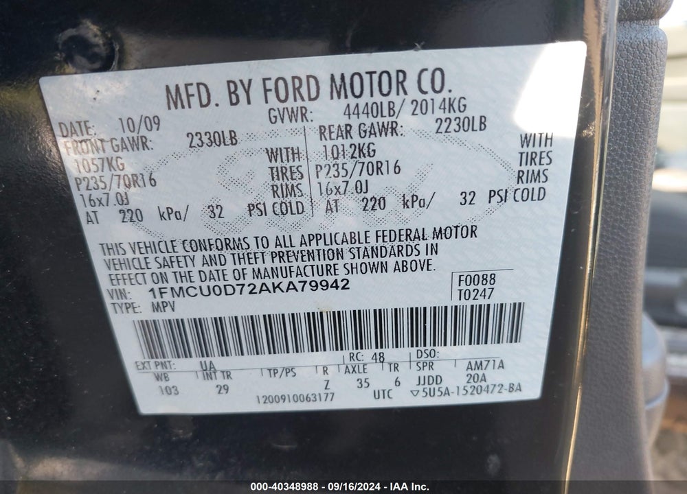2010 FORD ESCAPE XLT VIN: 1FMCU0D72AKA79942