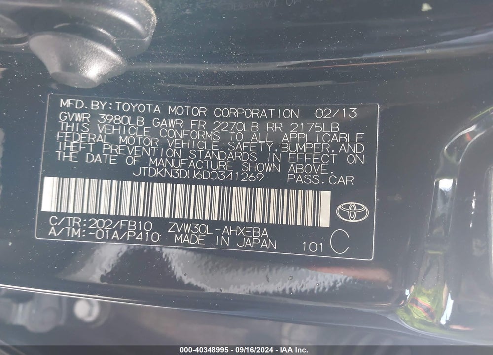 2013 TOYOTA PRIUS VIN: JTDKN3DU6D0341269