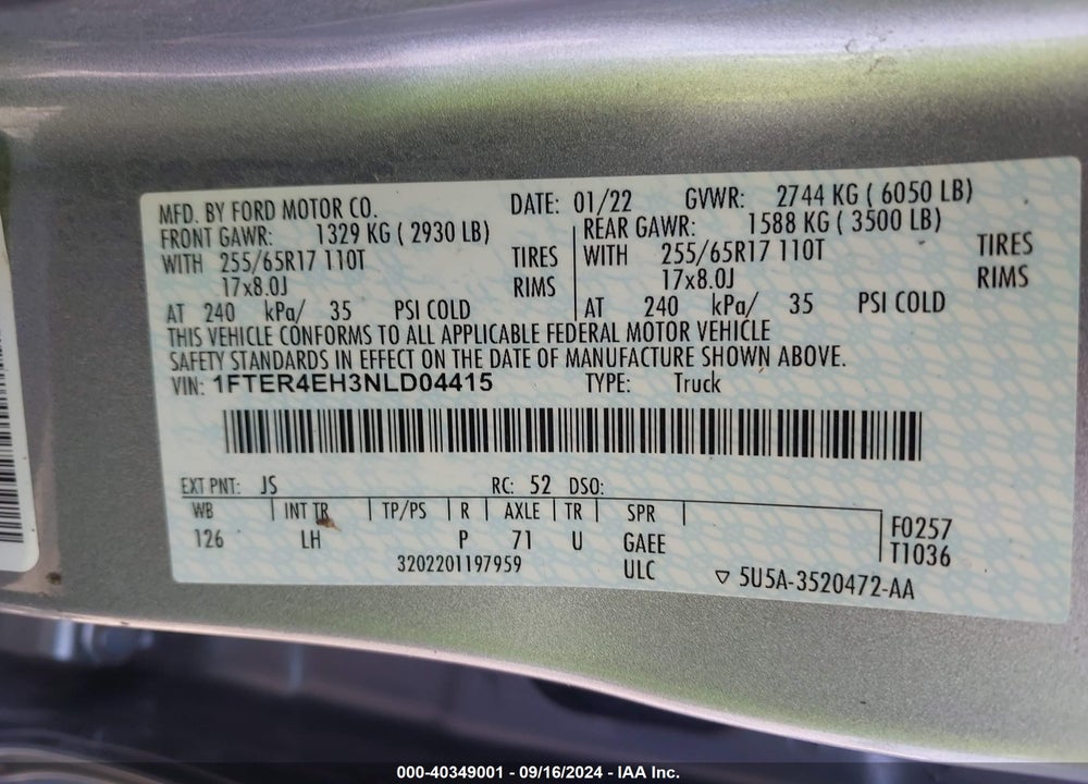 2022 FORD RANGER XLT VIN: 1FTER4EH3NLD04415