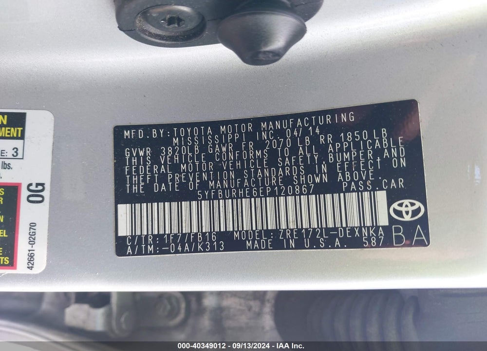 2014 TOYOTA COROLLA LE VIN: 5YFBURHE6EP120867