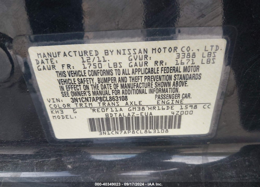 2012 NISSAN VERSA 1.6 S+ VIN: 3N1CN7AP8CL863108