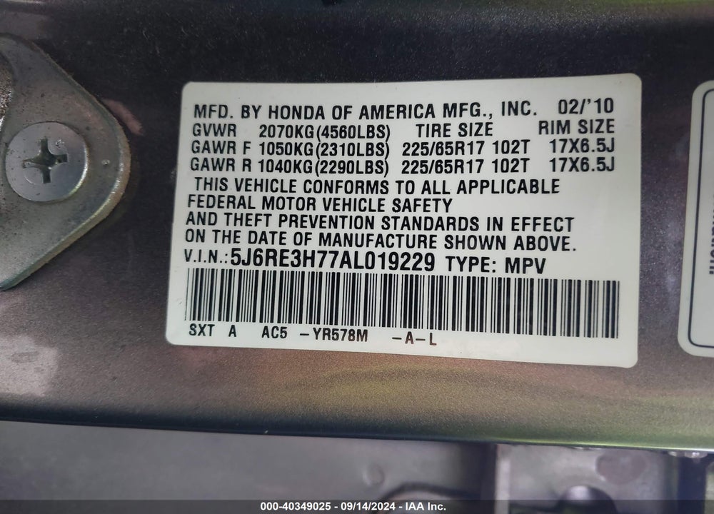 2010 HONDA CR-V EX-L VIN: 5J6RE3H77AL019229