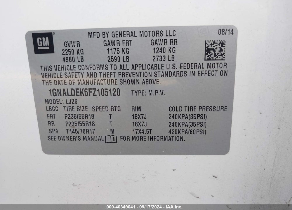 2015 CHEVROLET EQUINOX LTZ VIN: 1GNALDEK6FZ105120
