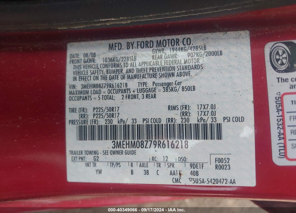 2009 MERCURY MILAN I4 PREMIER VIN: 3MEHM08Z79R616218