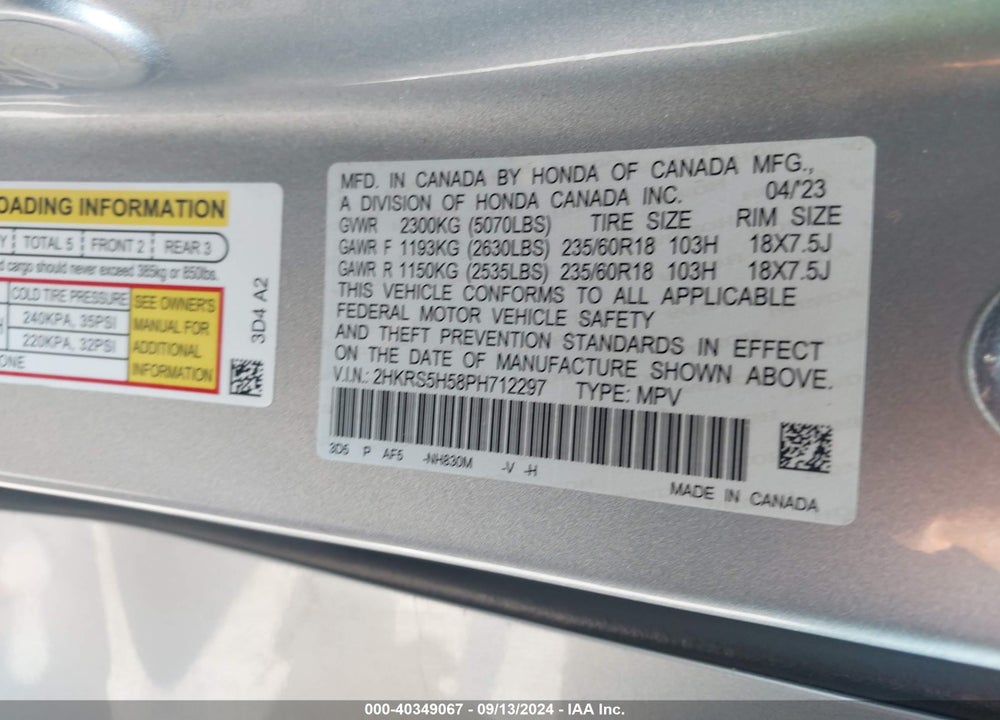 2023 HONDA CR-V HYBRID SPORT VIN: 2HKRS5H58PH712297