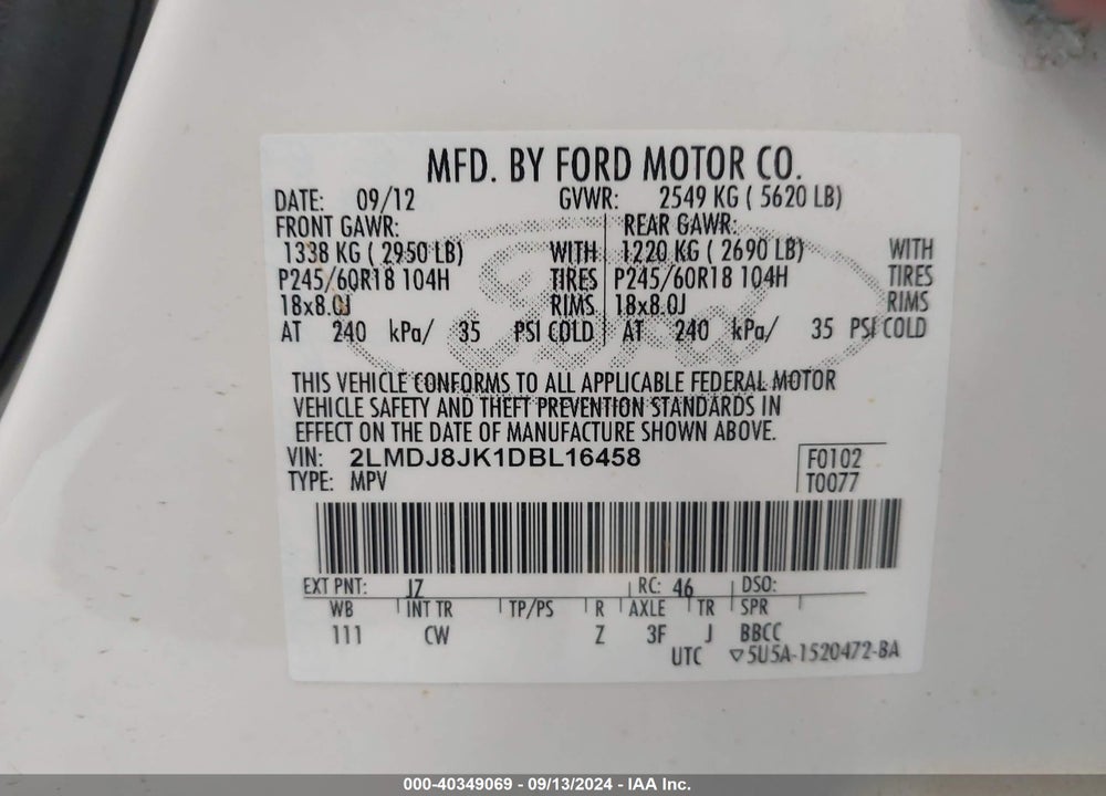 2013 LINCOLN MKX VIN: 2LMDJ8JK1DBL16458