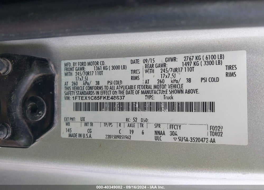 2015 FORD F-150 XL VIN: 1FTEX1C85FKE48837