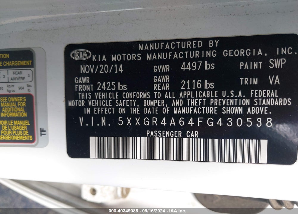 2015 KIA OPTIMA SXL TURBO VIN: 5XXGR4A64FG430538