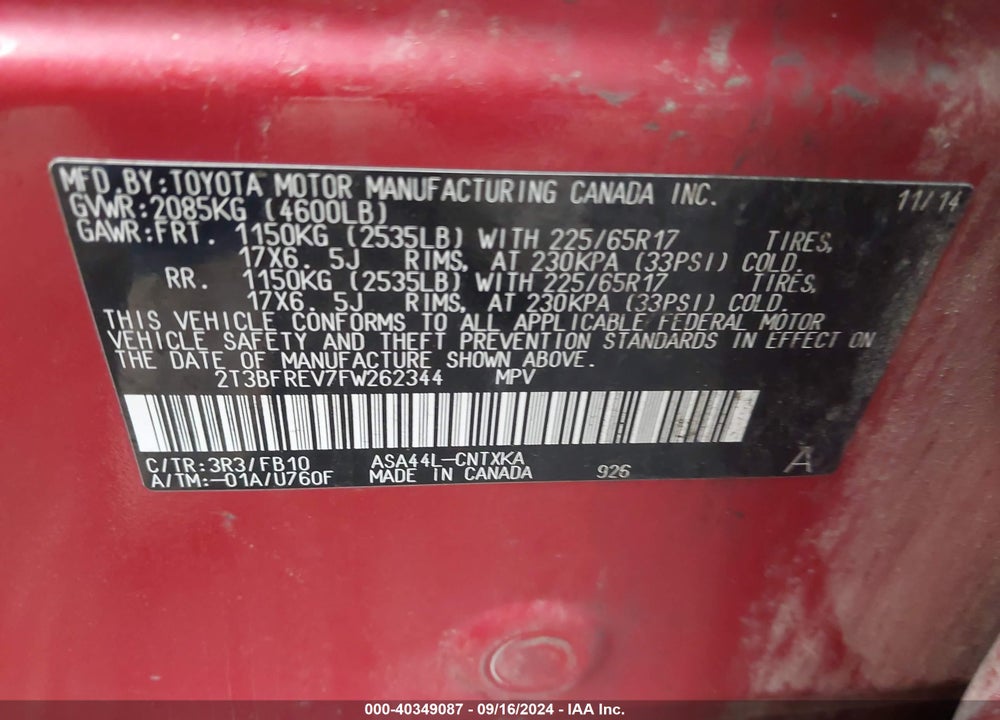 2015 TOYOTA RAV4 LE VIN: 2T3BFREV7FW262344