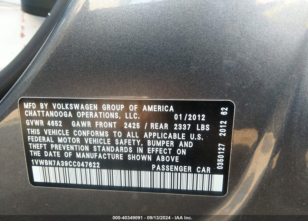 2012 VOLKSWAGEN PASSAT 2.0L TDI SE VIN: 1VWBN7A39CC047622