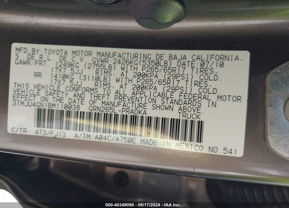 2011 TOYOTA TACOMA PRERUNNER V6 VIN: 3TMJU4GN1BM110038