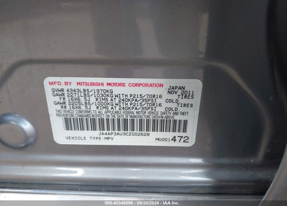 2012 MITSUBISHI OUTLANDER SPORT ES VIN: JA4AP3AU3CZ002628