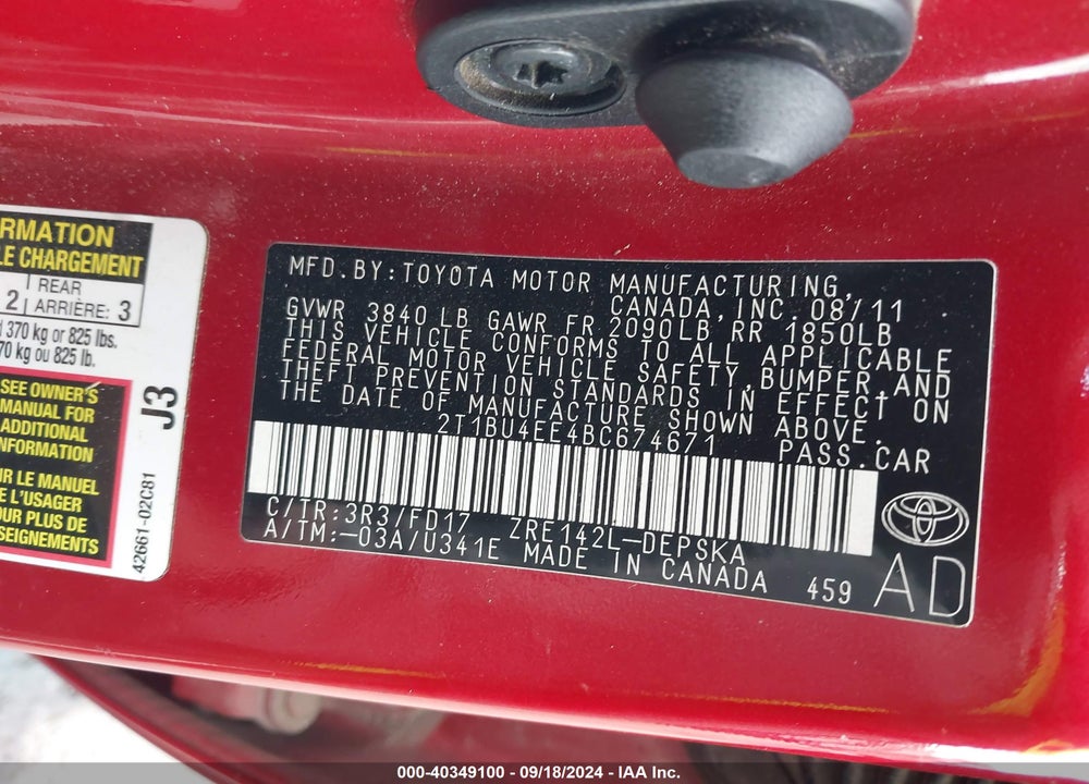 2011 TOYOTA COROLLA S VIN: 2T1BU4EE4BC674671
