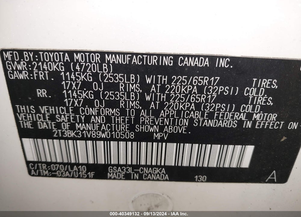 2009 TOYOTA RAV4 LIMITED V6 VIN: 2T3BK31V89W010508