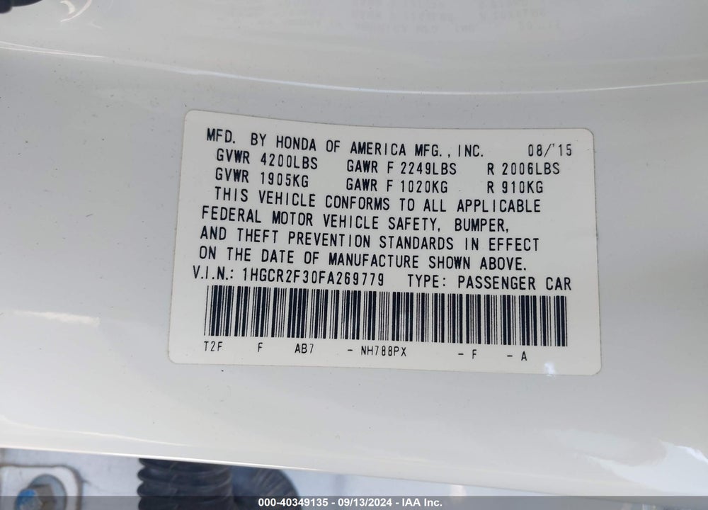 2015 HONDA ACCORD LX VIN: 1HGCR2F30FA269779