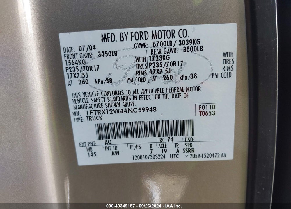 2004 FORD F-150 STX/XL/XLT VIN: 1FTRX12W44NC59948
