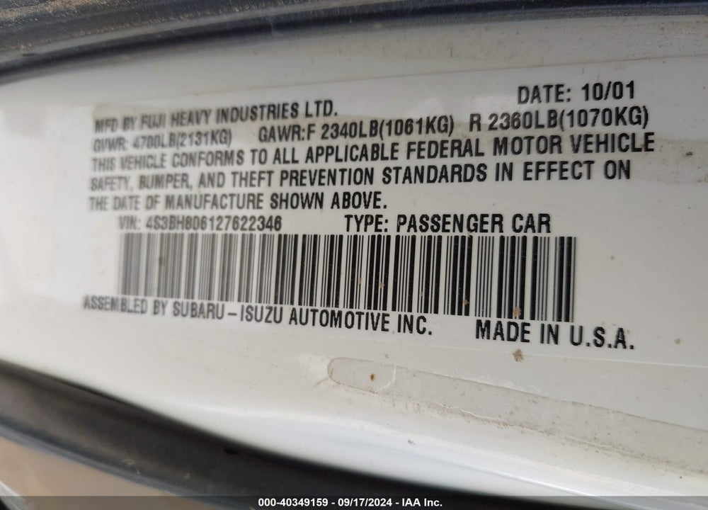 2002 SUBARU OUTBACK H6-3.0 L.L. BEAN EDITION VIN: 4S3BH806127622346