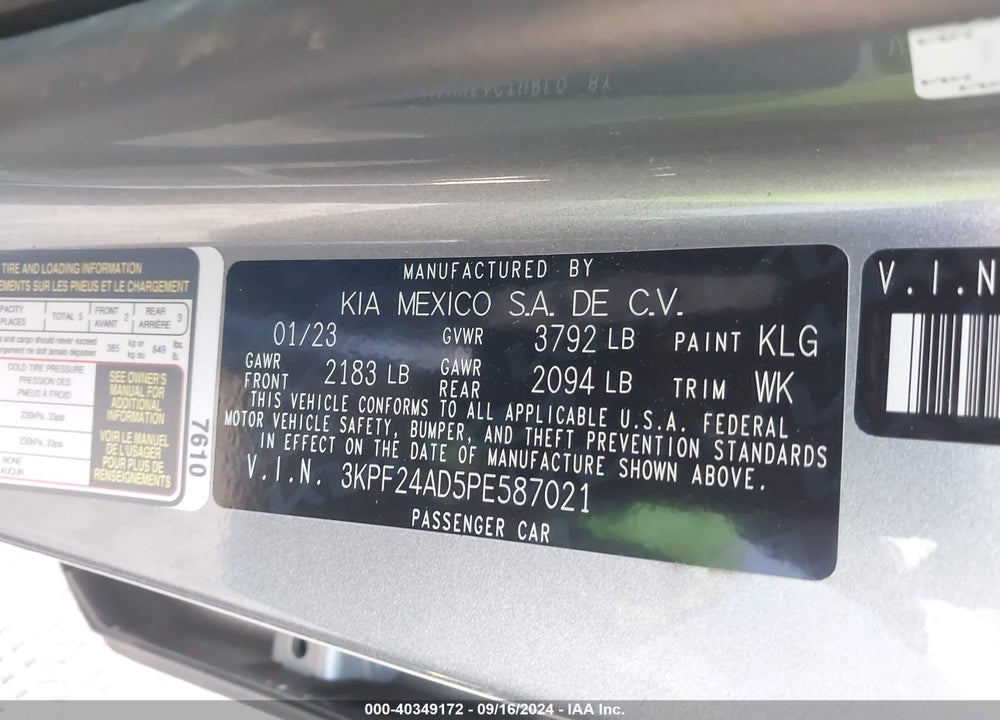 2023 KIA FORTE LXS VIN: 3KPF24AD5PE587021