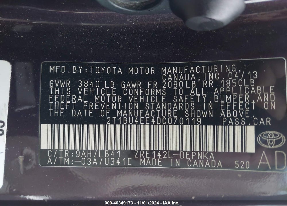 2013 TOYOTA COROLLA LE SPECIAL EDITION VIN: 2T1BU4EE4DC070119