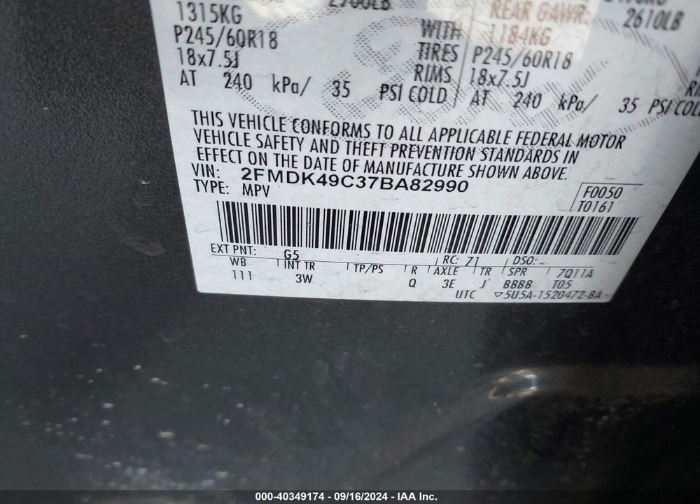 2007 FORD EDGE SEL PLUS VIN: 2FMDK49C37BA82990