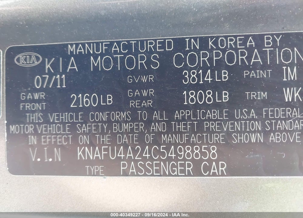 2012 KIA FORTE EX VIN: KNAFU4A24C5498858