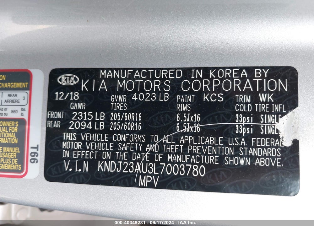 2020 KIA SOUL !/+/S VIN: KNDJ23AU3L7003780