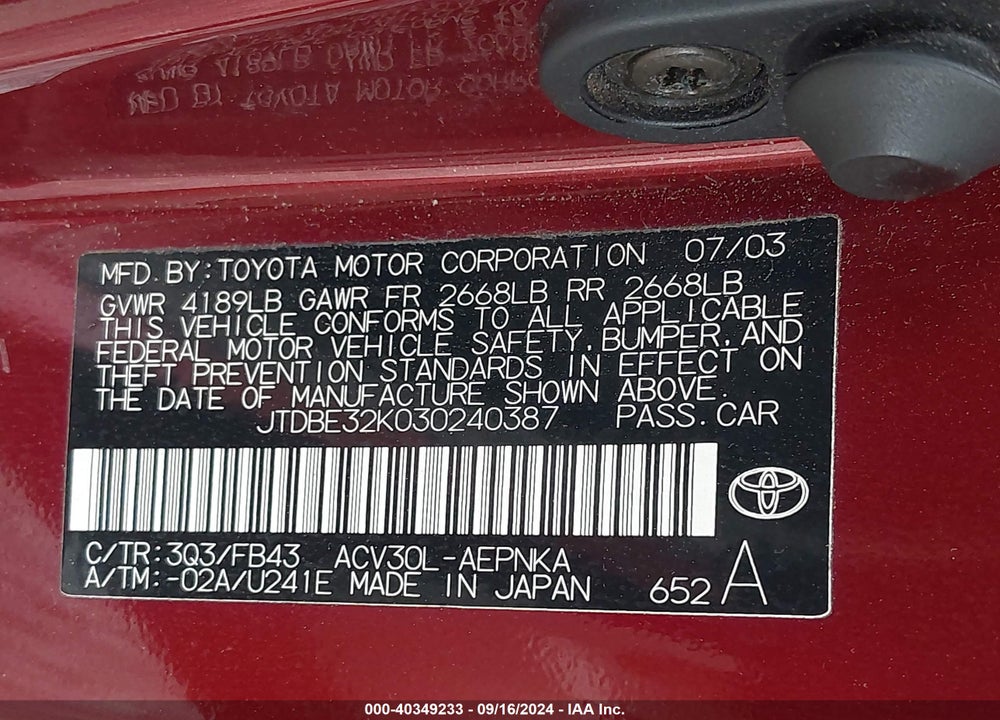 2003 TOYOTA CAMRY LE VIN: JTDBE32K030240387