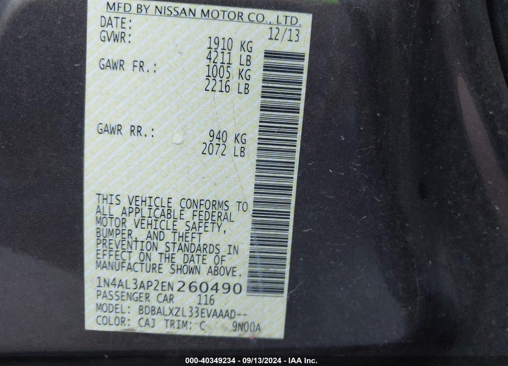2014 NISSAN ALTIMA 2.5 SL VIN: 1N4AL3AP2EN260490