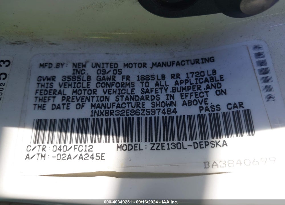 2006 TOYOTA COROLLA S VIN: 1NXBR32E86Z597484