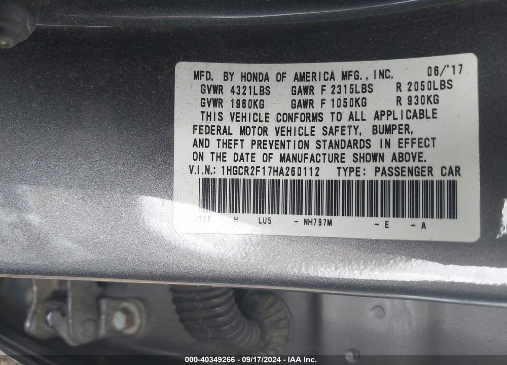 2017 HONDA ACCORD SPORT SE VIN: 1HGCR2F17HA260112