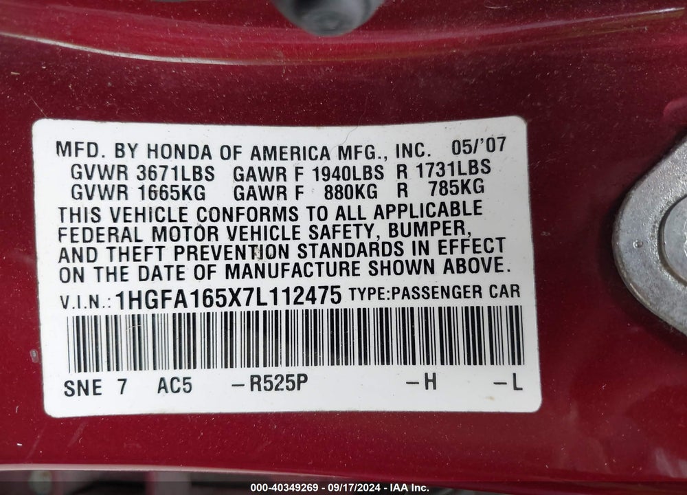 2007 HONDA CIVIC LX VIN: 1HGFA165X7L112475