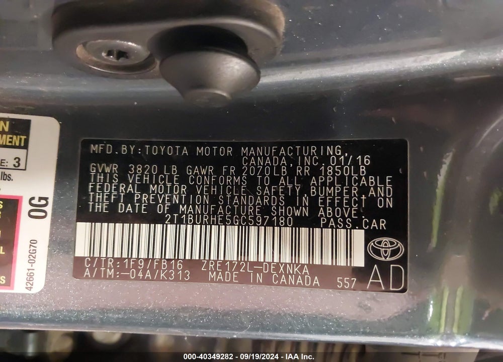 2016 TOYOTA COROLLA LE VIN: 2T1BURHE5GC597180