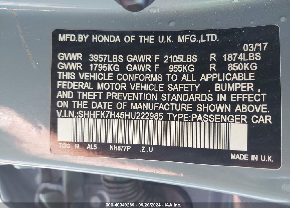 2017 HONDA CIVIC SPORT VIN: SHHFK7H45HU222985