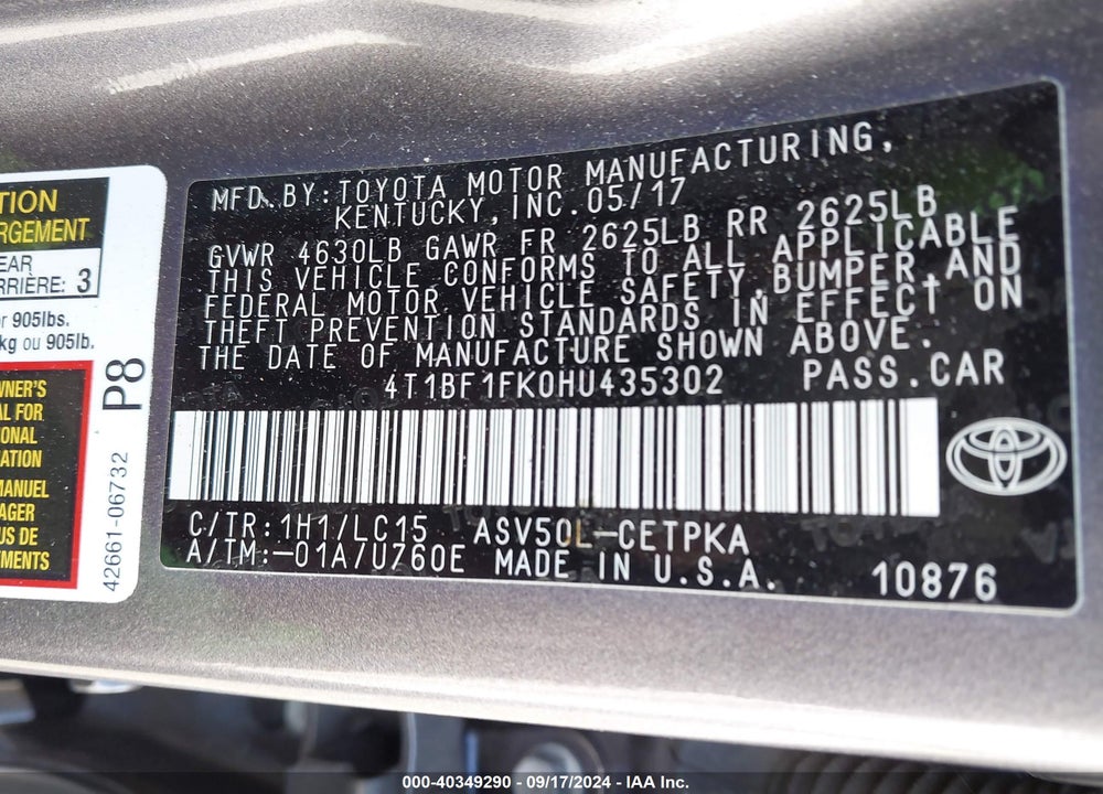 2017 TOYOTA CAMRY XSE VIN: 4T1BF1FK0HU435302