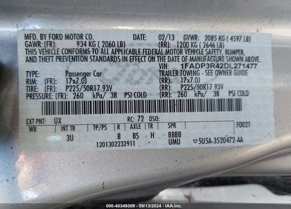 2013 FORD FOCUS ELECTRIC VIN: 1FADP3R42DL271477