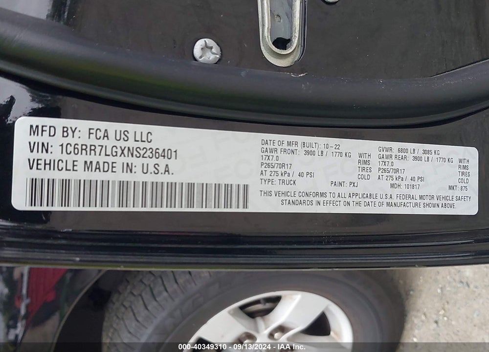 2022 RAM 1500 CLASSIC SLT 4X4 5'7 BOX VIN: 1C6RR7LGXNS236401