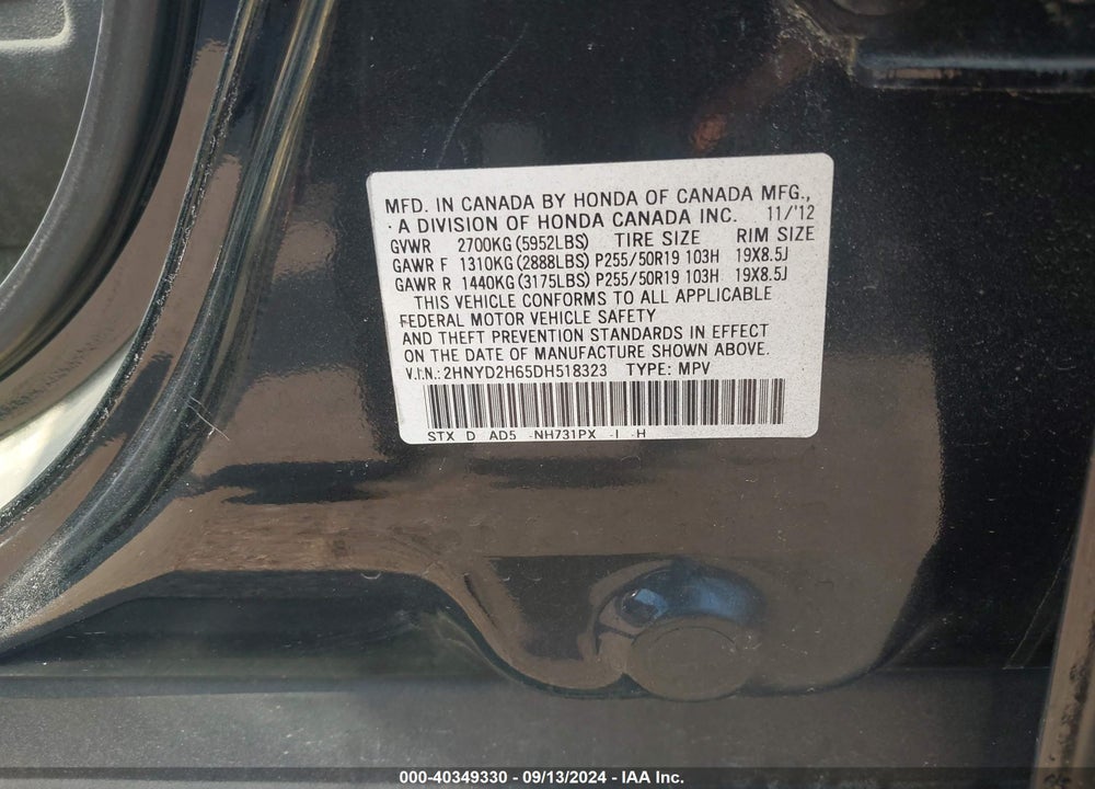 2013 ACURA MDX ADVANCE PACKAGE VIN: 2HNYD2H65DH518323