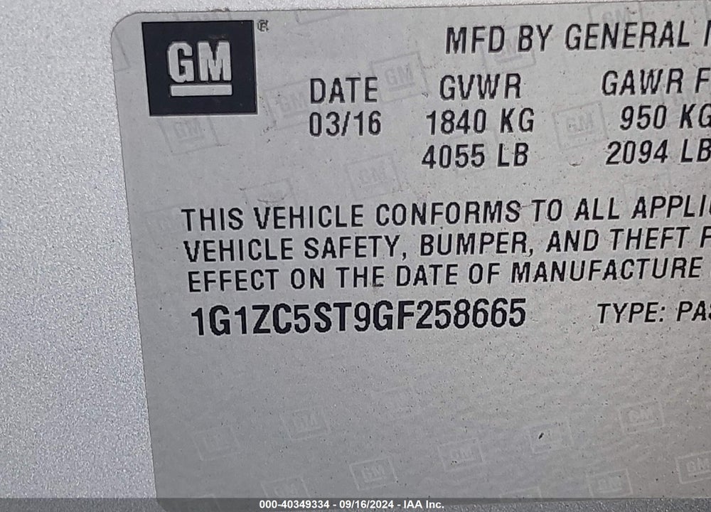 2016 CHEVROLET MALIBU 1FL VIN: 1G1ZC5ST9GF258665